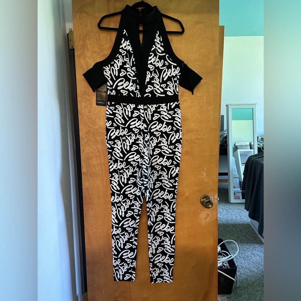 Bebe Vera blocked print jumpsuit, NEW, size L black and white, zipper back